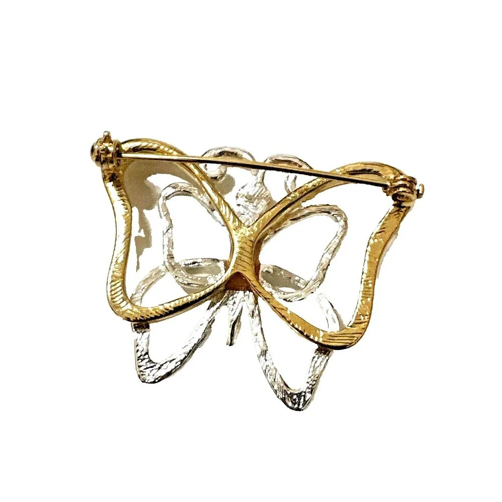 Vintage Two-Tone Butterfly Brooch Gold & Silver Tone Modernist Openwork Pin 1.5
